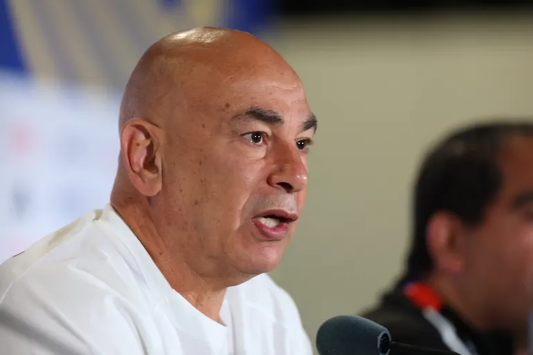 SEATTLE, WASHINGTON - JUNE 25: Hossam Hassan, head coach of Egypt, speaks to the media during a press conference one day ahead of the FIFA World Cup 2026 Group G match between Egypt and IR Iran at Seattle Stadium on June 25, 2026 in Seattle, Washington. Soobum Im/Getty Images/AFP (Photo by Soobum Im / GETTY IMAGES NORTH AMERICA / Getty Images via AFP)